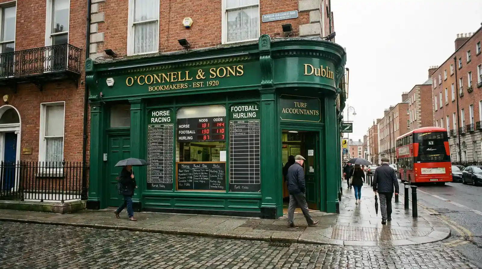 Siopa geallghlacadóra i mBaile Átha Cliath le comharthaí Gaeilge agus Béarla