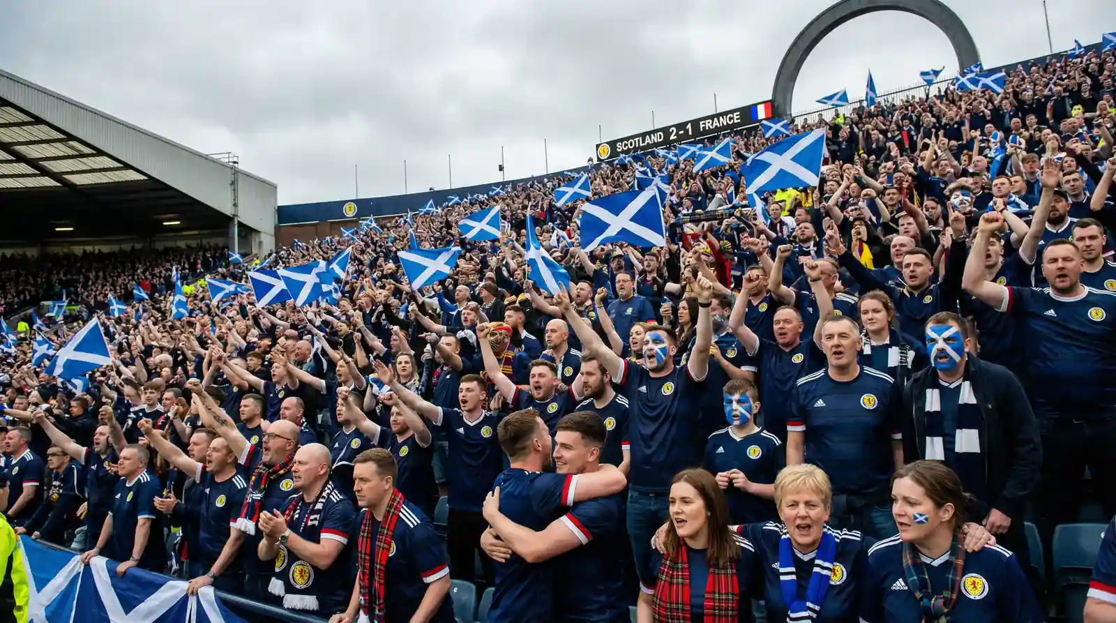 Tacaithe Albaineacha le tartan agus bratacha ag ceiliúradh ag cluiche peile